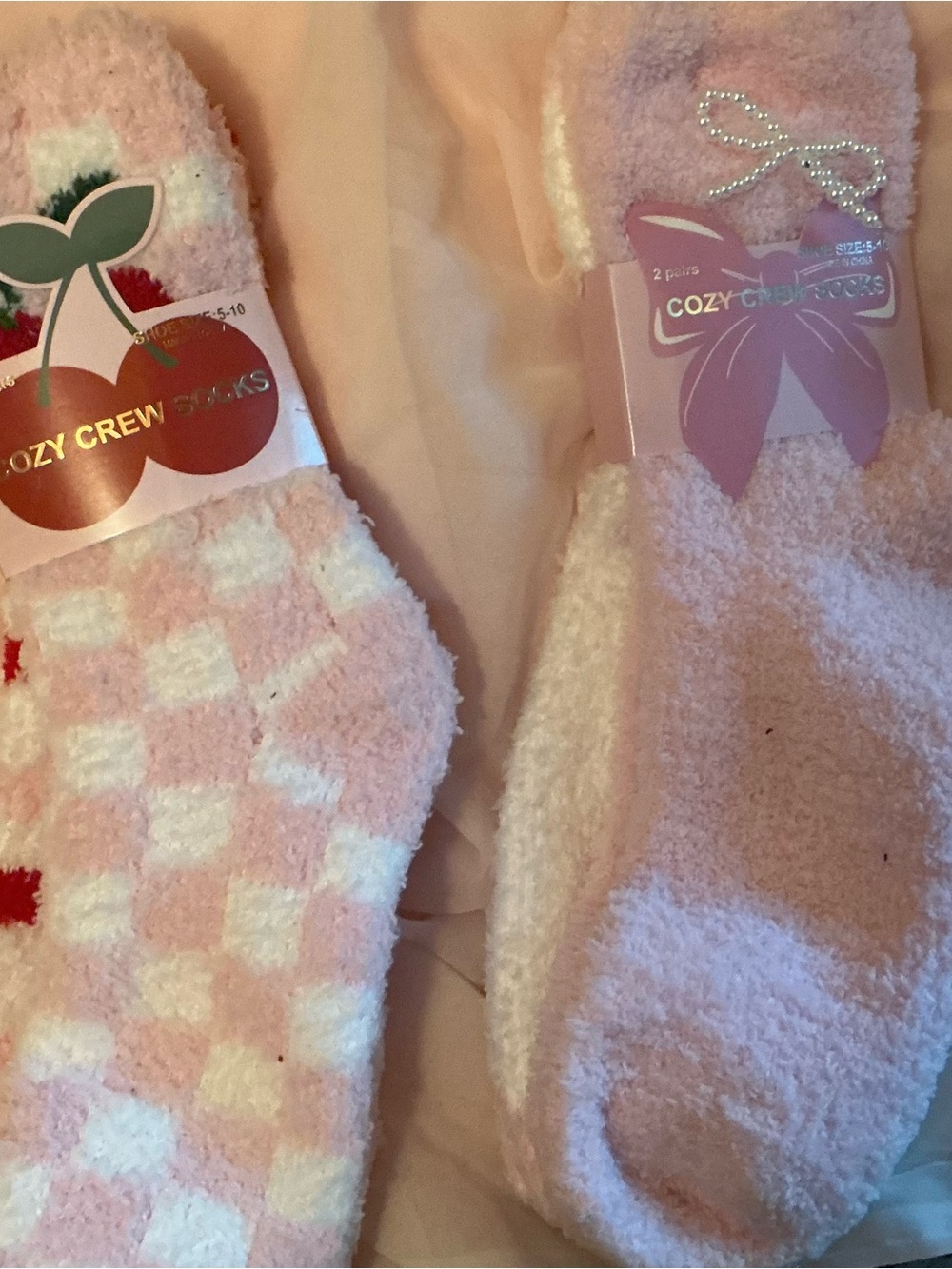 Cozy Pink Fuzzy Crew Socks - four pairs
